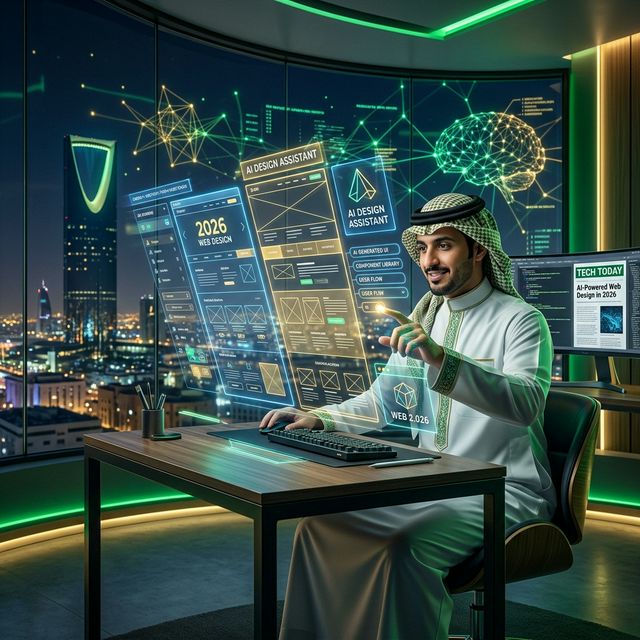 تصميم مواقع بالذكاء الاصطناعي 2026 - مصمم سعودي يتعامل مع واجهات هولوغرافية